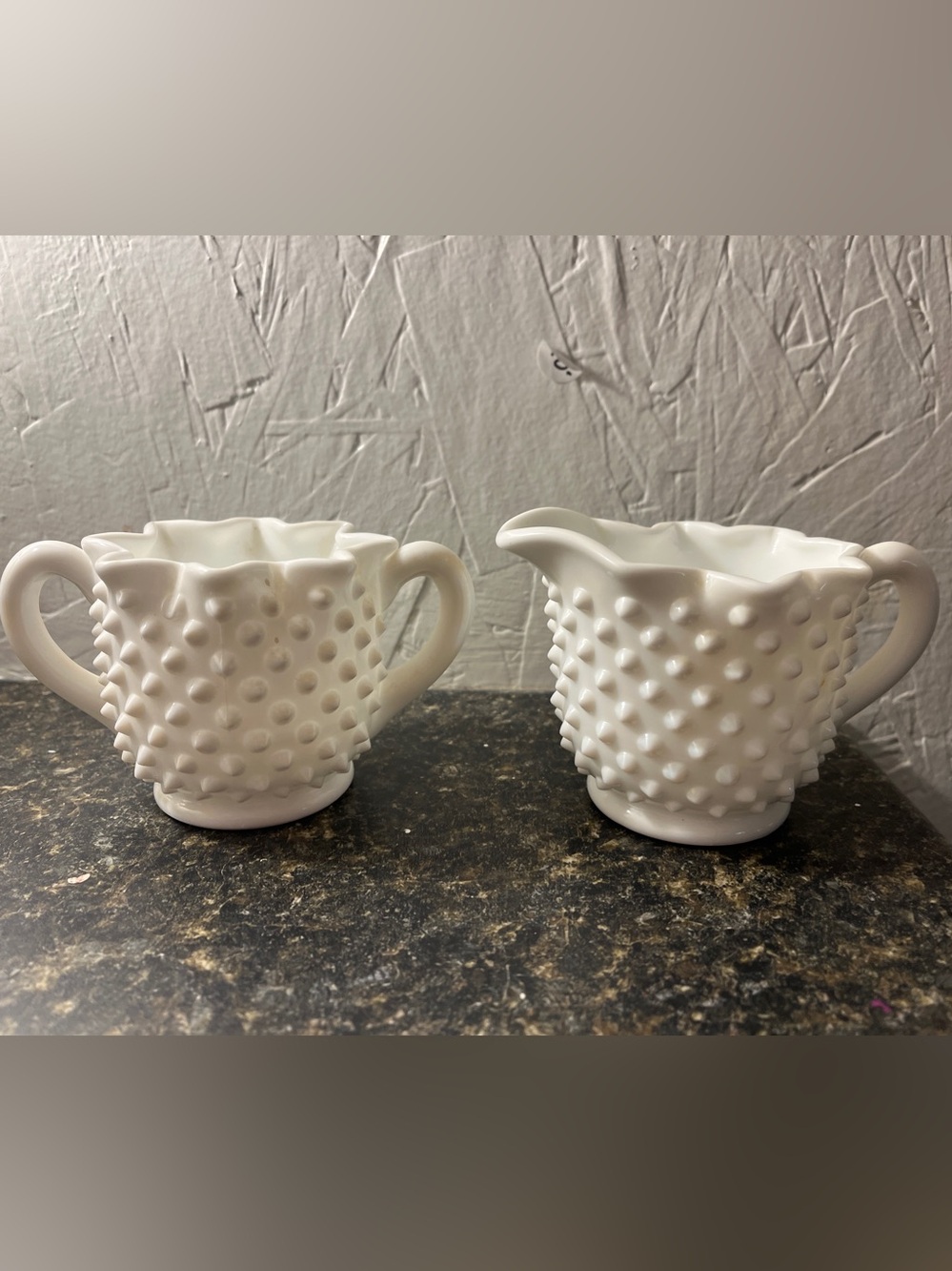Fenton White Hobnail Ceramic Creamer and Sugar Set
